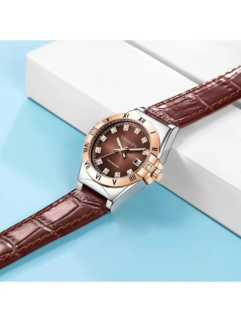 Women's Silver Brown Crystal Diamond Dial Genuine Leather Strap Wrist Watches